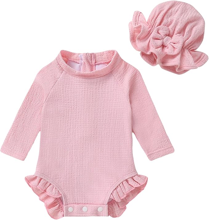 YOUNGER TREE Infant Baby Girls Swimsuit Long Sleeve Swimsuits One Piece Swimsuit Solid Color Bathing Suit with Hat, UPF 50+