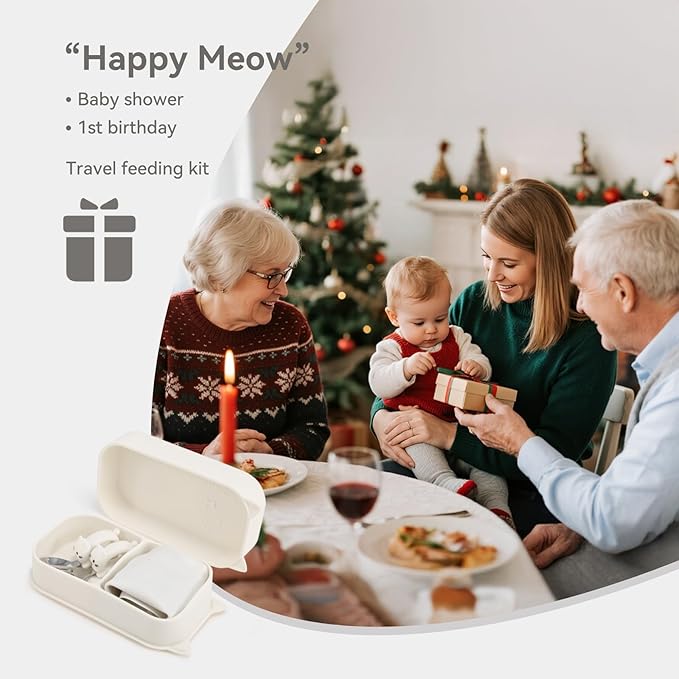 Portable Baby Plates with Suction, 6Pcs Travel Silicone Feeding Set for Toddlers, Foldable, Non-Slip Dishwasher Safe Plates & Utensils, BPA Free, Cat Design Gift Ready (Beige)