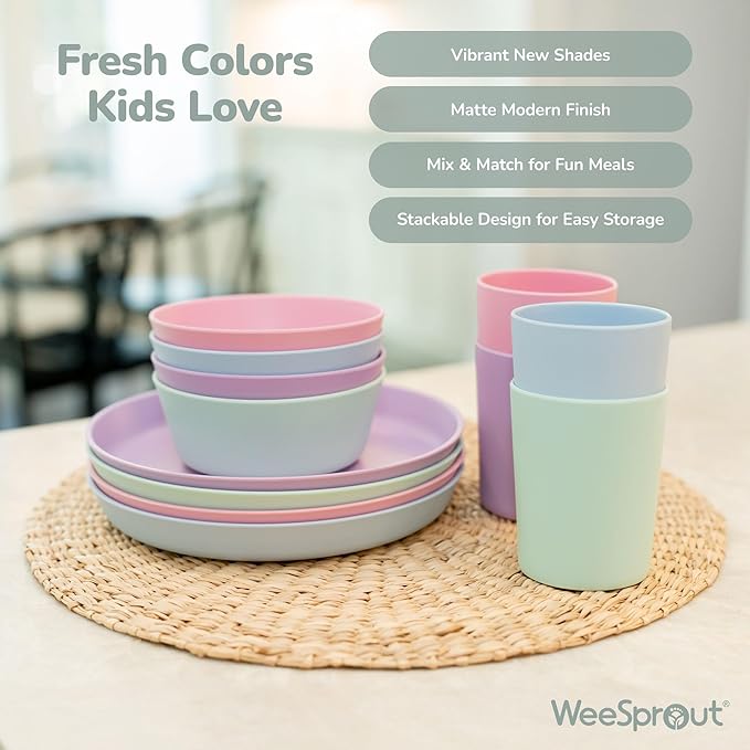 WeeSprout Bamboo Plates with Silicone Lids, Set of 4, Kid-Sized Dinnerware, Cereal, Leftovers & Snacks, Dishwasher Safe Melamine Dishware (Blue, Yellow, Orange, and Red)