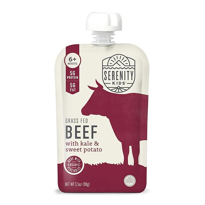 Serenity Kids 6+ Months Baby Food Pouches Puree Made With Ethically Sourced Meats & Organic Veggies | 3.5 Ounce BPA-Free Pouch | Grass Fed Beef, Kale, Sweet Potato | 1 Count