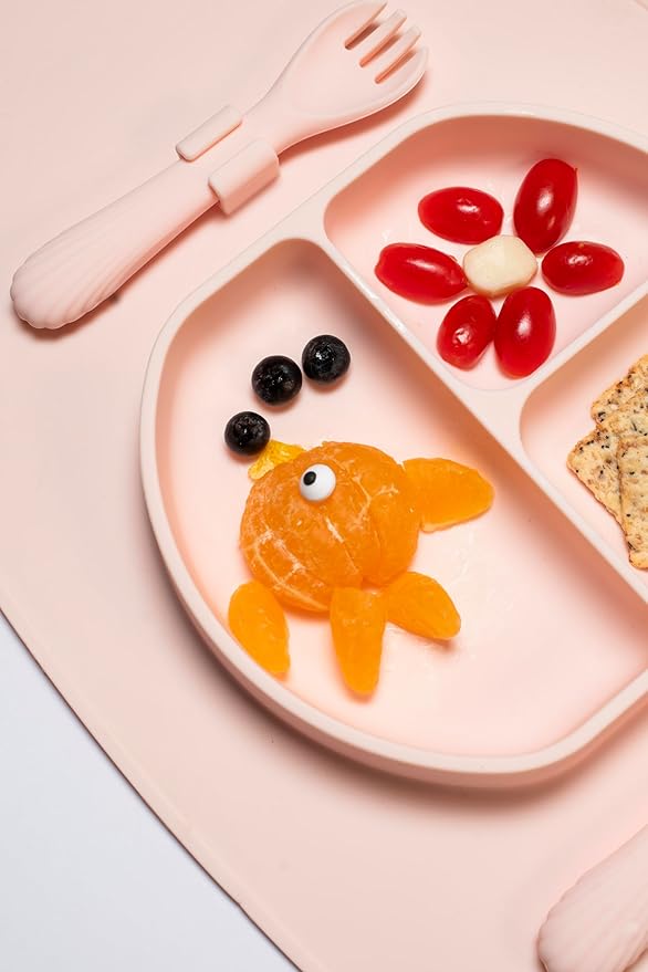 Modern Mini - Silicone Suction Plate for Baby and Toddler, Divided Plate with Fork & Spoon - Unbreakable, Non-Toxic, Food Grade Silicone, Strong Suction Grip, Spill Proof, & Foldable for Travel!