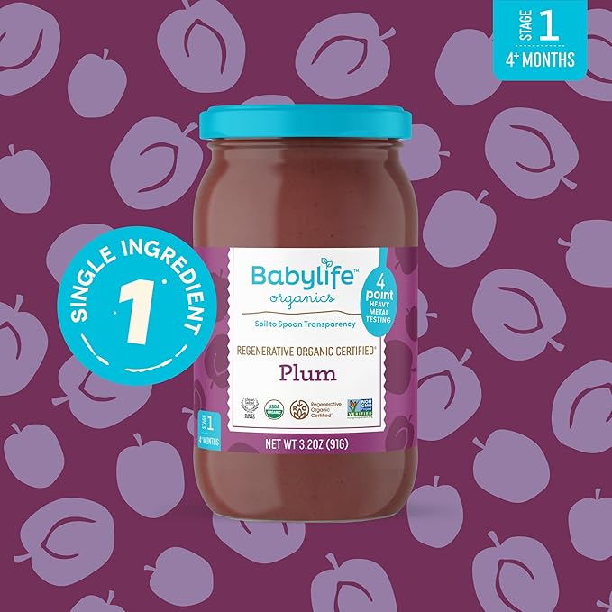 Babylife Organics Stage 1 – Heavy Metal Safe, Organic Baby Food - Plum, 3.2 Ounce Jar (12 Pack)