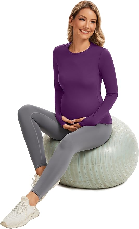 MathCat Maternity Long Sleeve Shirt with Thumbleholes,Pregnancy Casual Tee Blouse Athletic Yoga Workout Tops