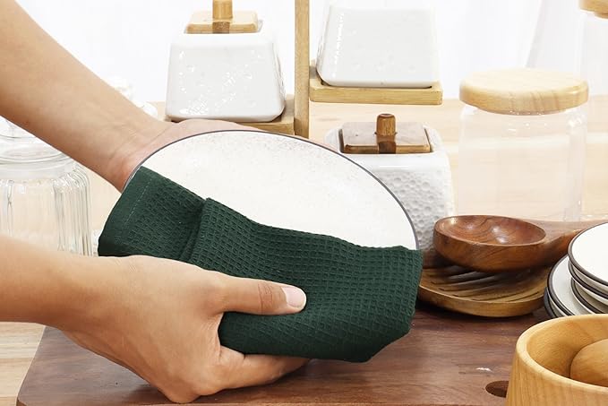 PurpleEssences Waffle Weave Kitchen Towel, 100% Cotton - 15 x 25 Inches, with Hanging Loop Ultra Soft Absorbent Quick Drying Dish Cloth, Tea and Hand Towels, 6 Pack - Fall Thanksgiving - Green