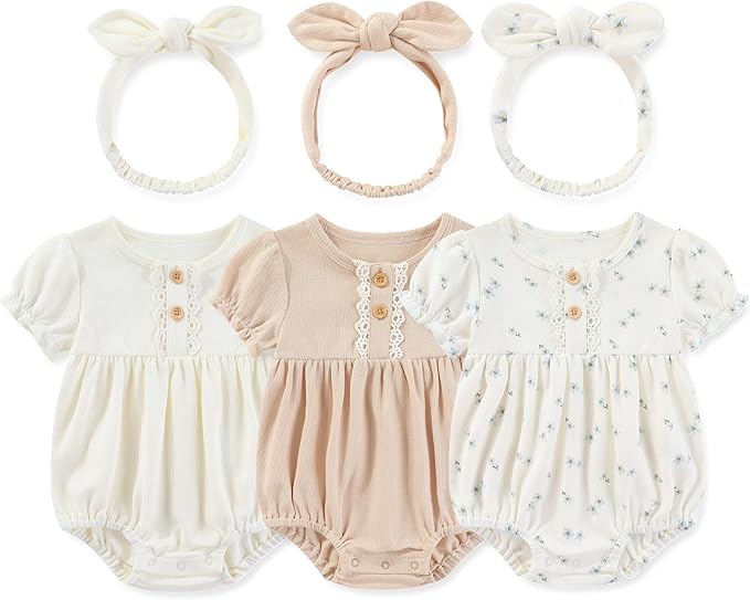 Newborn Baby Girl Clothes Cotton Bubble Romper Floral Short Sleeve Bodysuit 3 Pack