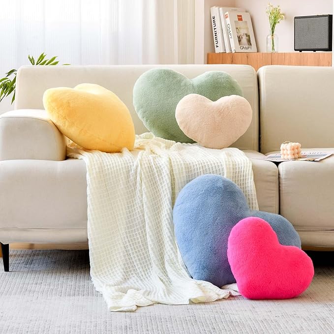 Beige Heart Pillows, Cute Heart Decorative Pillow, Heart Shaped Throw Pillows for Bed, Faux Rabbit Fur Plush Hoom Decor Pillow Cushion for Chair Sofa Living Room (Mini 12.9" x 9.8")