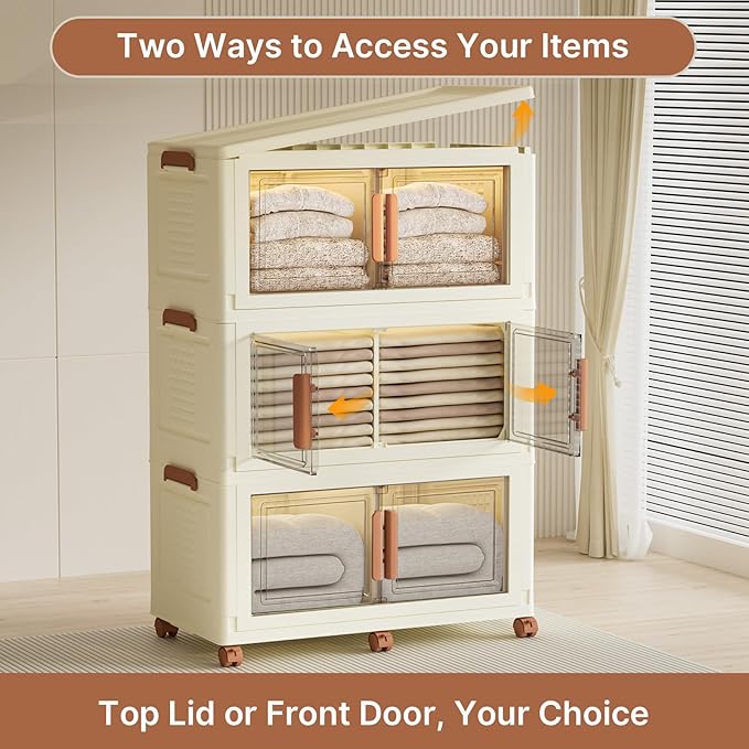 480Qt/120Gal Extra Large Stackable Storage Bins with Lids and Divider, 3Pack Collapsible Drawers with Doors, Foldable Cabinet with Wheels, Plastic Closet Organizers Containers for Home, Dorm