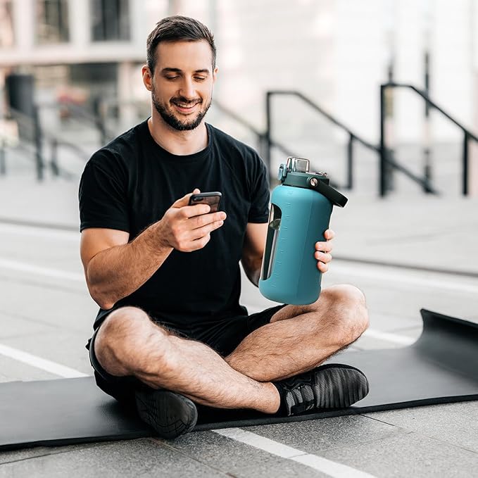 72oz Glass Water Bottle with 2-IN-1 Straw &Chug Lid, Large Motivational Glass Bottle with Capacity Marker and Silicone Sleeve, 2.1Liter Gallon Water Jug for Home, Sports, Gym, BPA Free-Green