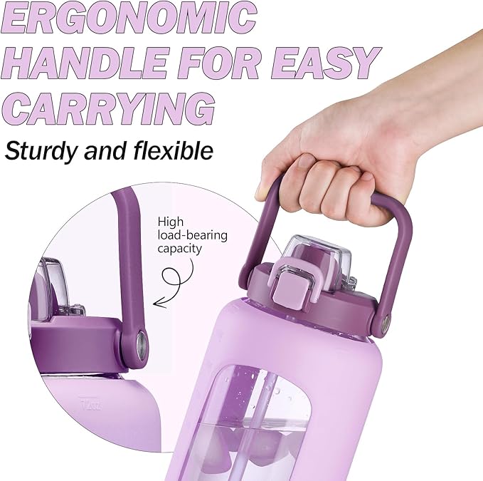 72oz Glass Water Bottle with 2-IN-1 Straw &Chug Lid, Large Motivational Glass Bottle with Capacity Marker and Silicone Sleeve, 2.1Liter Gallon Water Jug for Home, Sports, Gym, BPA Free-Light Purple