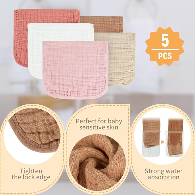 Muslin Burp Cloths 100% Cotton Baby Burp Cloths Soft, Absorbent 10x20 inches for Girls and Boys Baby Essentials