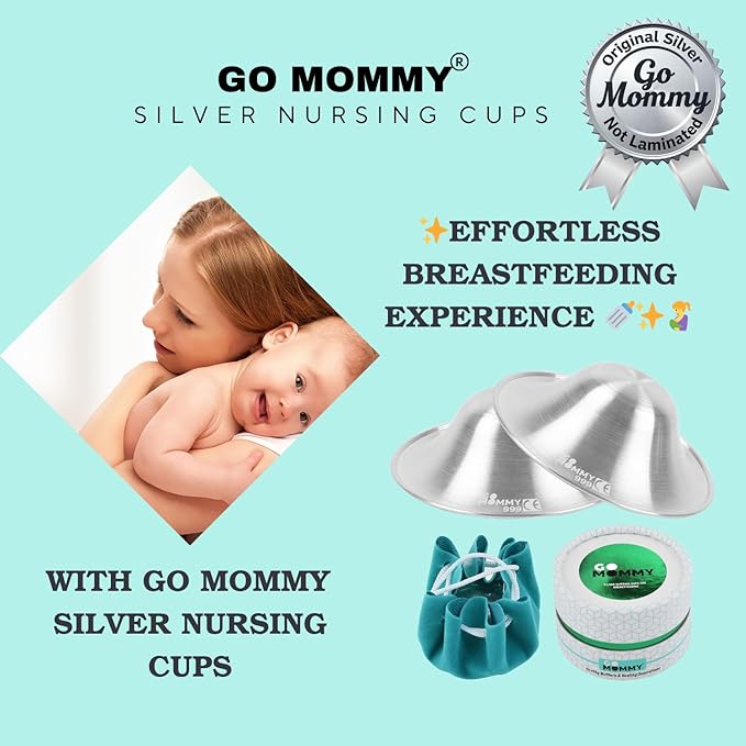 Silver Nipple Shields for Breastfeeding Newborn & A Breastfeeding Essential by Go Mommy - Silver Nursing Cups for Sore Nipple Relief, Protects & Heals Cracked Nipples
