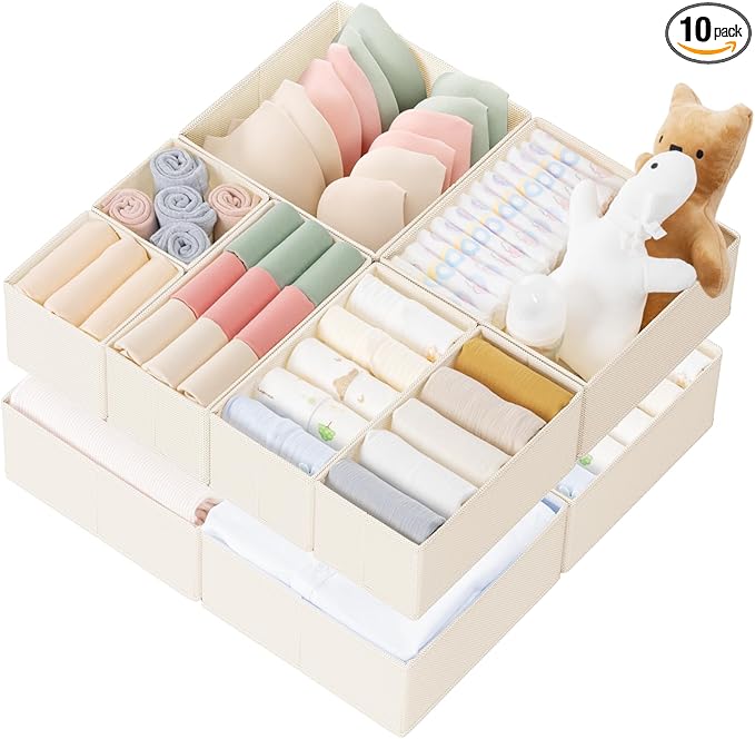 Criusia Drawer Organizer Clothes, 10 Pack Dresser Organizer for Baby Clothes, Underwear, Sock- Foldable Closet Organization and Storage Dividers Bins for Nursery, Bedroom (Beige)