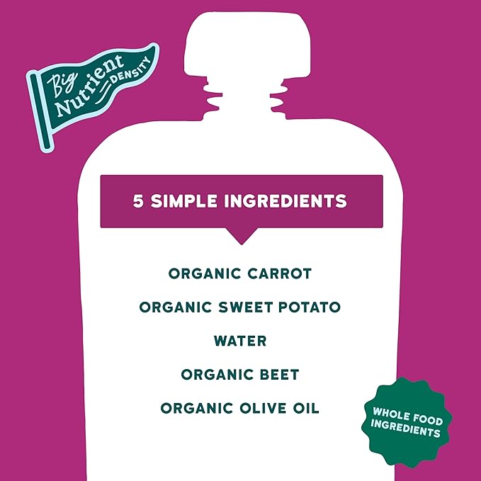 Serenity Kids 6+ Months Baby Food Pouches USDA Organic Veggie Puree - BPA-Free - No Added Sugar Allergen-Free - Savory Sweet Potato & Carrot, Beet Baby Snacks - 3.5 Oz, 6 Pack