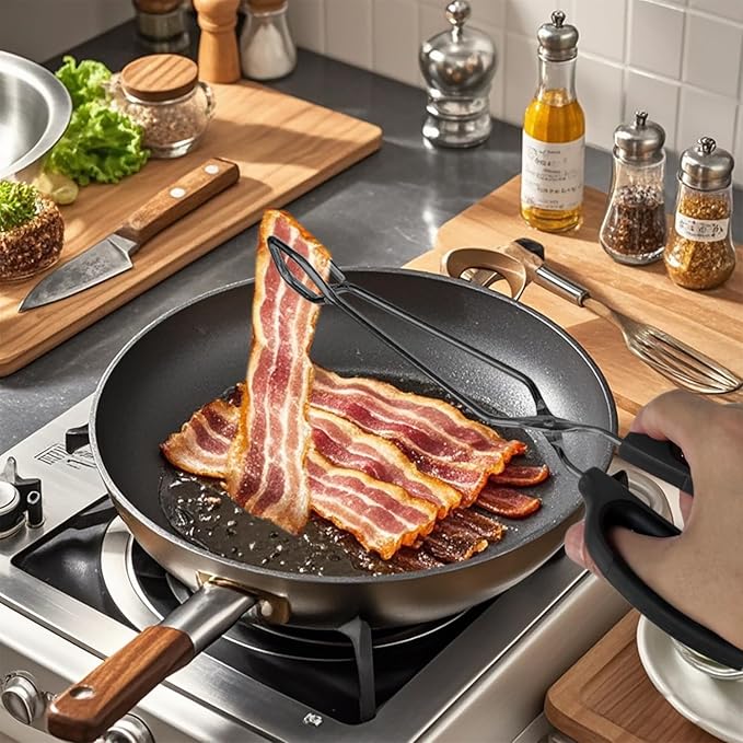 Stainless Steel Kitchen Tongs 10" and 12" Set, Comfortable Grip Scissor Tongs for Cooking, Grilling & Serving (Black)