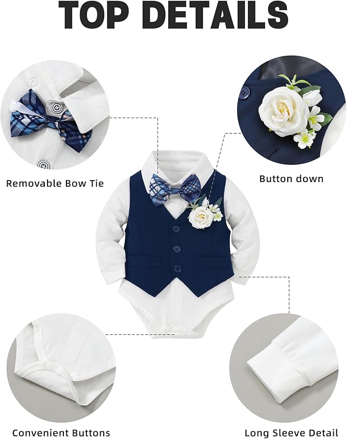Coco&RARA Baby Boy Clothes Suits Infant Gentleman Outfits, Formal Dress Shirt+Vest+Corsage+tie+Pants Baby Suit Set 0-18M