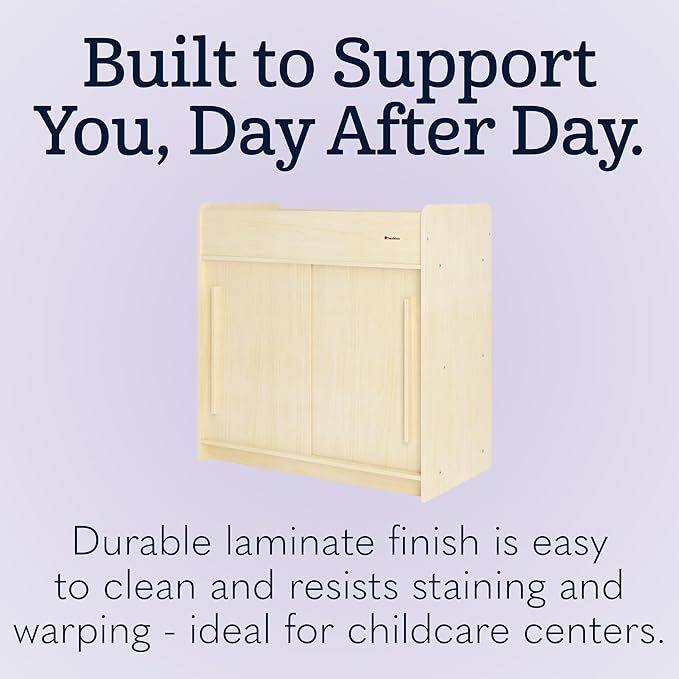 Foundations SafeGlide Daycare Changing Table, Durable Wood Construction, Built-in Shelving for Ample Storage, Gliding Doors, Adjustable Safety Strap, Includes Foam Mattress Pad (Natural)