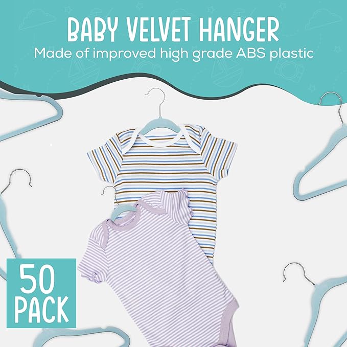 50 Pack Premium Baby Velvet Hangers (Blue) - 11.8" Inches Non-Slip, Ultra-Slim & Space-Saving Toddler Hangers - 360° Rotating Hook, Strong & Durable Hanger for Children, Infant & Toddler