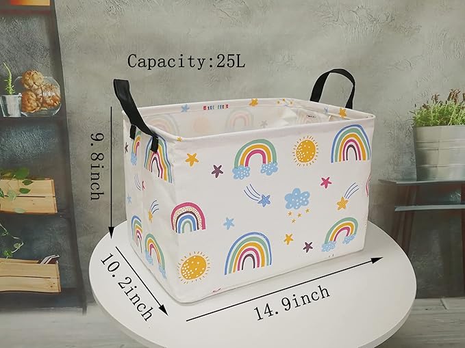 Rectangle Foldable Gift Laundry Basket, Storage for Dirty Cloth, Toys Nursery, Kids Clothes, Hamper With Handles for Home Decor (REC-Rainbow)