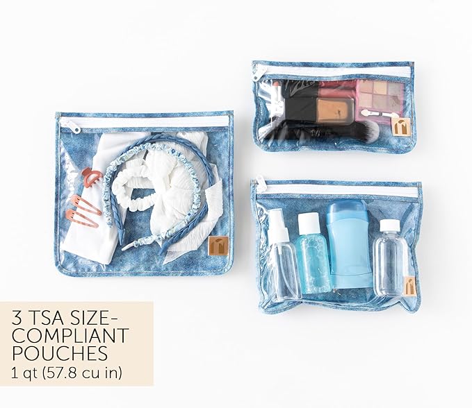 Bumkins Roamio Travel Set – Waterproof Wet Bag, Wet/Dry Clutch, 3 Clear TSA Pouches – Reusable Organizers for Swim, Gym, Toiletries, Baby Gear, Pump Parts, Beach, Pool, Travel, Faux Denim 5-pc Set