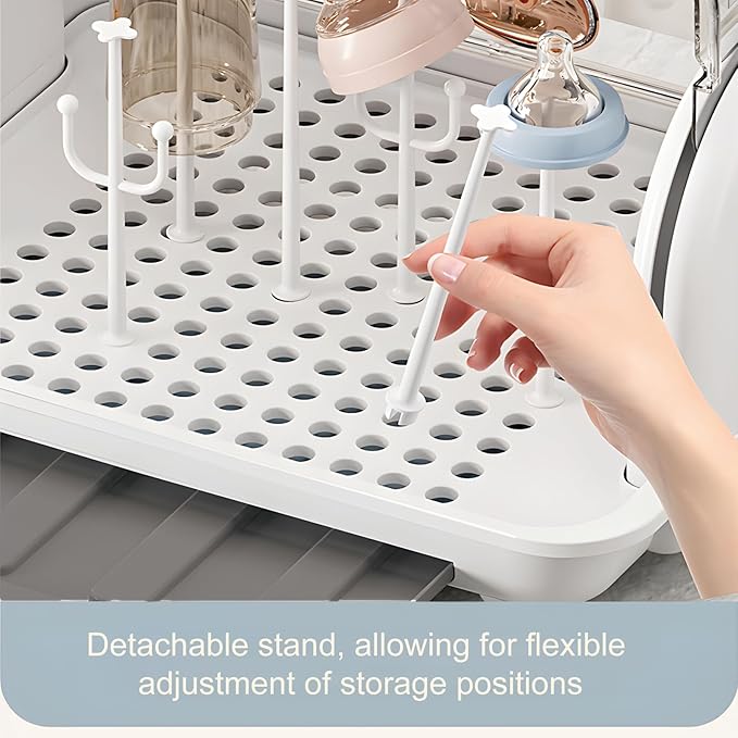Baby Bottle Drying Rack Storage, Nursing Bottle Storage Box Organizer with Cover, Portable Kitchen Cabinet Organizer, Durable countertop Dryer (Grey)
