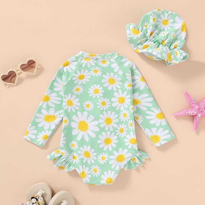Infant Baby Girl Swimsuit One-Piece Long Sleeve Rash Guard with Hat Set Floral Zipper Bathing Suit Leopard Beach Wear