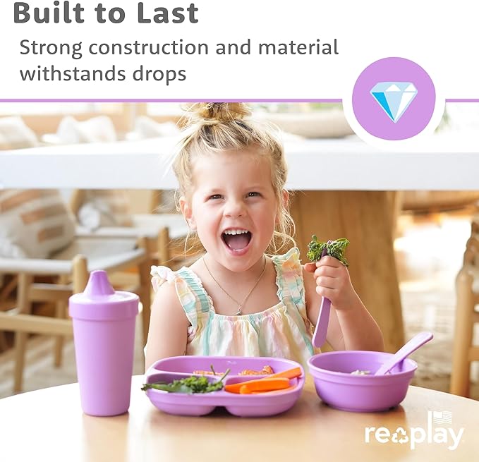 Re-Play Toddler Plates with Dividers - Deep-Walled 3 Compartments Divided Plates for Kids - Dishwasher & Microwave Safe - Made in USA - Set of 3-7.37" x 7.37" x 1.25" - Tulip