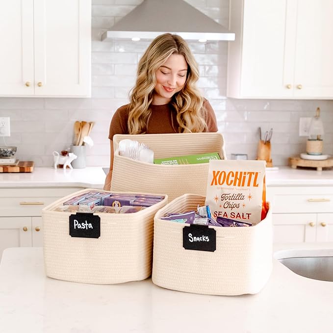 NaturalCozy Storage Baskets 16.8”x13”x7.6” Cotton Rope Woven Baskets for Organizing 3-Pack | Toy Storage Bins | Basket for Shelves, Laundry, Blanket, Clothes, Closet, Kitchen, Bathroom, Gifts