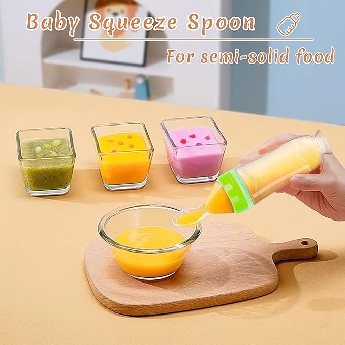 WAJIAYON Baby Food Feeder 4 Pack Silicone Baby Food Dispensing Spoon-3 oz Squeeze Feeding Spoons with Suction Cup for Boys Girl Kids Toddlers - Self Feeding Bottle Spoon-Green