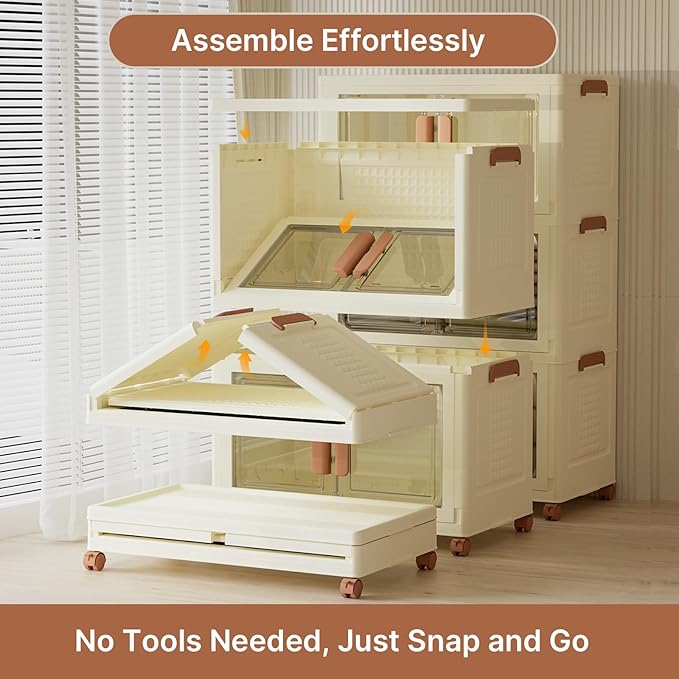 570Qt/140Gal Large Stackable Storage Bins with Lids and Divider, 3Pack Collapsible Drawers with Doors, Foldable Cabinet with Wheels, Plastic Closet Organizers and Containers for Home, Dorm