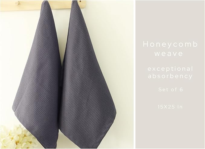 PurpleEssences Waffle Weave Kitchen Towel, 100% Cotton - 15 x 25 Inches, with Hanging Loop Ultra Soft Absorbent Quick Drying Dish Cloth, Tea and Hand Towels, 6 Pack - Fall Thanksgiving - Dark Grey