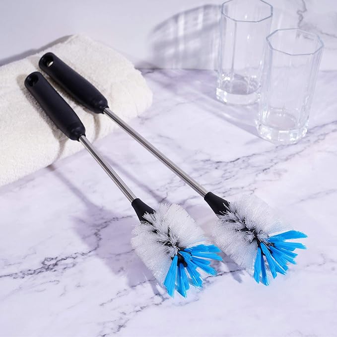 Stainless Steel Bottle Brush with Replaceable Head, 2 Pack Long Handle Scrubbing Brush for Water Bottles, Glasswares, Mugs, Flasks, Tumblers, Vases, and Kitchen Sink, 13 in