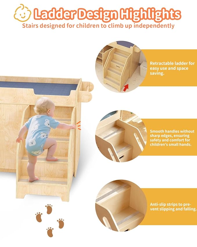 Wooden Baby Changing Table with Stairs & Storage, 100% Birch Plywood Toddler Diaper Changing Station with Tissue Holder, Montessori Furniture for Daycare, Nursery, Home, School