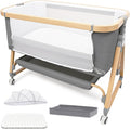Baby Bassinet Bedside Sleeper CPSC Certified 3-in-1 Portable Crib with 4in Large Wheels 6 Height Adjustable Includes Mosquito Net Mattress Storage Basket Aluminum Alloy Woodgrain Gray