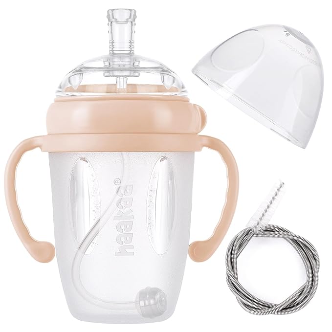 haakaa Weighted Straw Cup Sippy Cup for 6+ Month Old, Silicone Baby Straw Cup Water Cup Training Cup with Straw Brush, 8oz/250ml, Peach