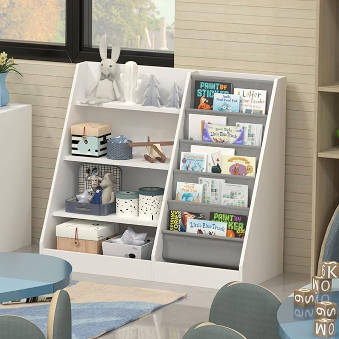 4 Tier Kids Wooden Bookshelf, 5 Layer Sling Toddler Bookcase,Baby Storage Book Rack,Book and Toy Organizer Cabinet,Children Book Display,Playroom Nursery Classroom Kid Room