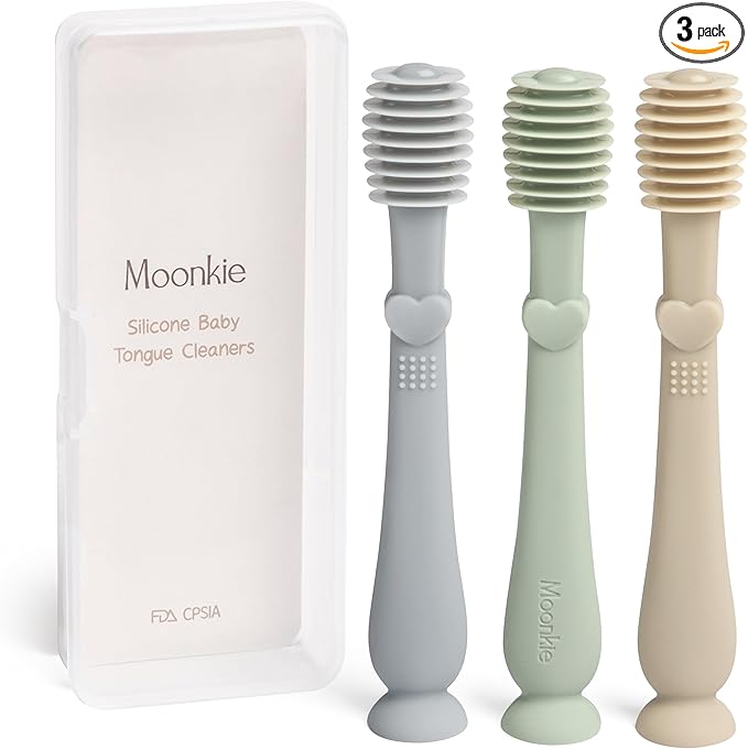 Moonkie Baby Tongue Cleaner, Toddler Toothbrush, Baby Oral Cleaner Newborn Kit for 3 Months+, 3 Pcs (Blue/Mint/Sand)