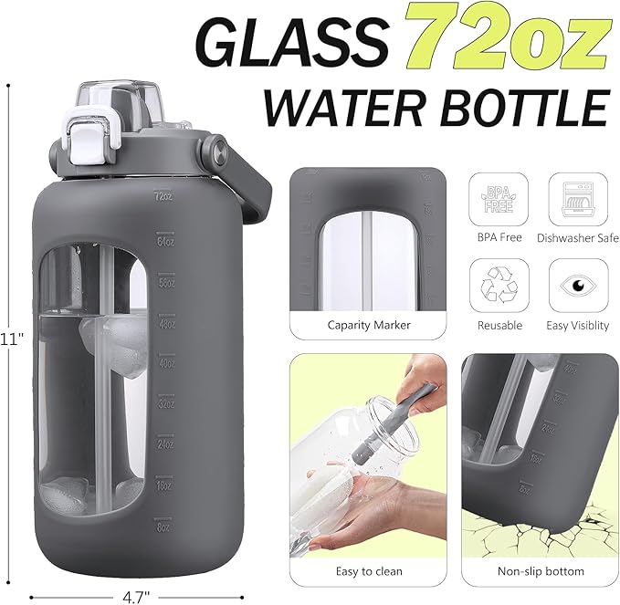 72oz Glass Water Bottle with 2-IN-1 Straw &Chug Lid, Large Motivational Glass Bottle with Capacity Marker and Silicone Sleeve, 2.1L Gallon Water Jug for Home, Sports, Gym, BPA Free-Gray