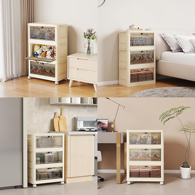 3 Tier - 34QT Storage Bins with Lids, Collapsible Storage Bins with Doors and Wheels, Plastic Storage Cabinet for Easy Storage and Organization for Living Room, Office