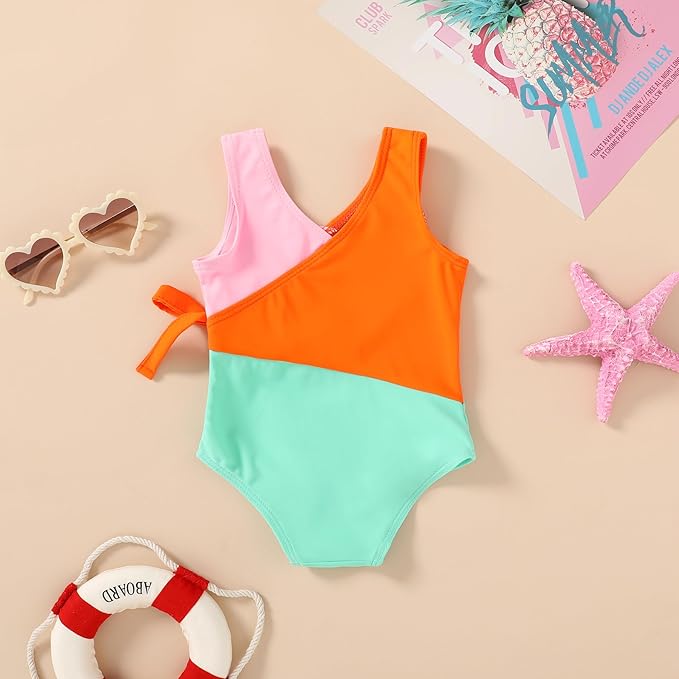 Happy Town Toddler Swimsuit Girl One Piece Bathing Suit Color Block Swimwear Baby Summer Beach Wear