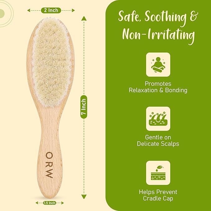 ORW OREN’S Baby Hair Brush - Perfect for Newborn, Toddlers, Infants, Girls & Boys - Beechwood Handle & Goat Hair White Bristle Brush for Gentle Scalp Grooming, Cradle Cap Relief