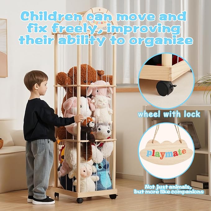 Large Stuffed Animal Storage Organizer, 61" High Premium Wooden Cute Zoo Toy Holder for Toddler Rooms, Playrooms & Bedrooms