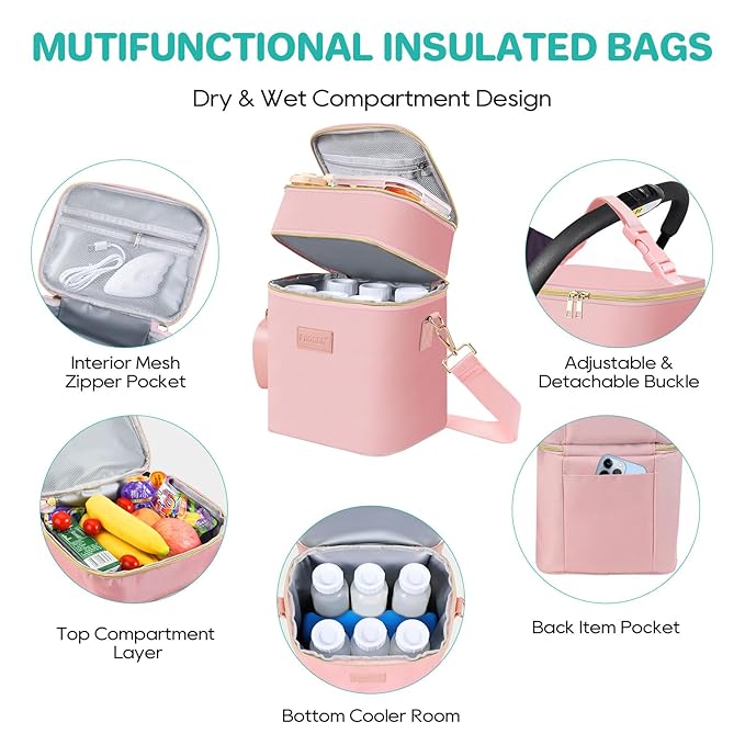 PIIOSER Breastmilk Cooler Bag with Ice Pack Fits 6 Baby Bottles Up to 9 Ounce, Insulated Baby Bottle Tote Bags, Double Layer Waterproof Leak-Proof with Shoulder Strap for Nursing & Working Mom (Pink)