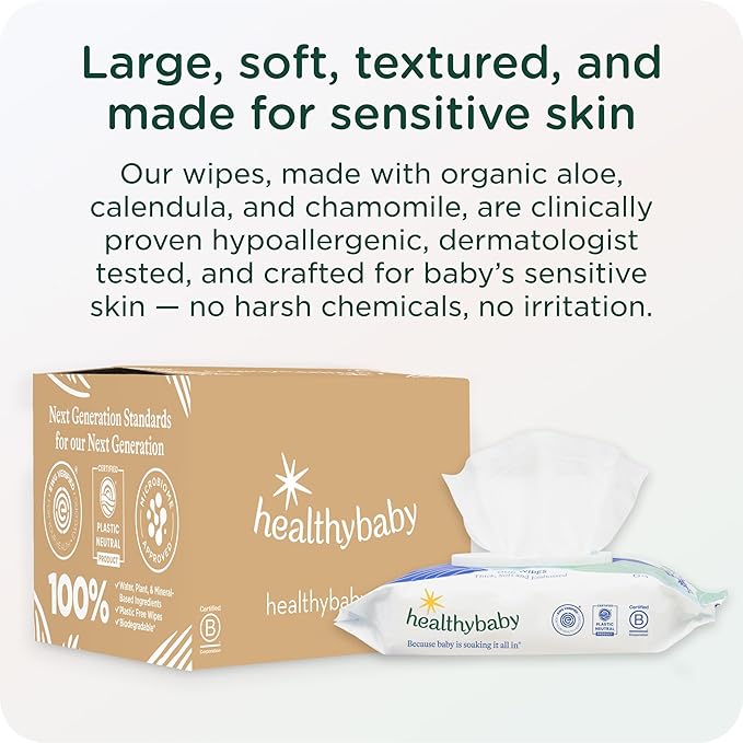 HealthyBaby Our Wet Wipes | EWG Verified Safe | 100% Water & Plant Based | Unscented & Safe for Sensitive Skin | Fragrance Free and Totally Chlorine Free (4 packs, 256 wipes)