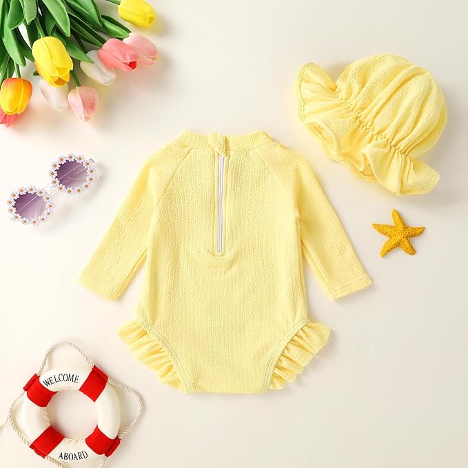 YOUNGER TREE Infant Baby Girls Swimsuit Long Sleeve Swimsuits One Piece Swimsuit Solid Color Bathing Suit with Hat, UPF 50+