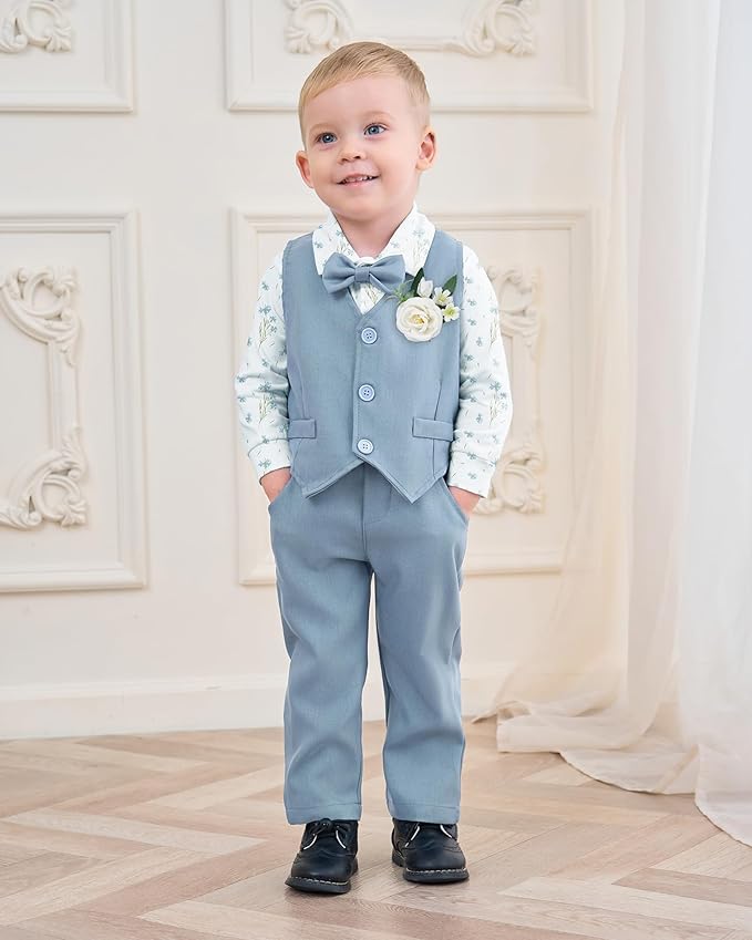 Coco&RARA Baby Boy Clothes Suits Infant Gentleman Outfits, Formal Dress Shirt+Vest+Corsage+tie+Pants Baby Suit Set 0-18M