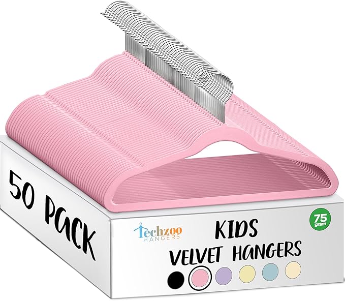 50 Premium Kids Velvet Hangers - 14" Non-Slip Clothes Hangers for Kids & Preteens - Ultra Slim, Space-Saving, Strong & Durable Hangers with 360° Swivel Hook - Pink