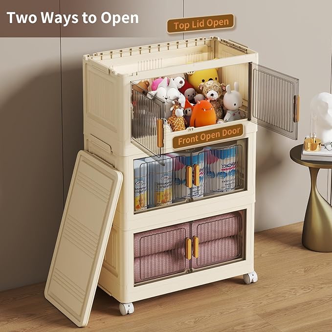 3 Tier Stackable Plastic Storage Bins with Lids 28QT, Collapsible Closet Organizers and Storage with Wheels for Living Room,Office,Dorm