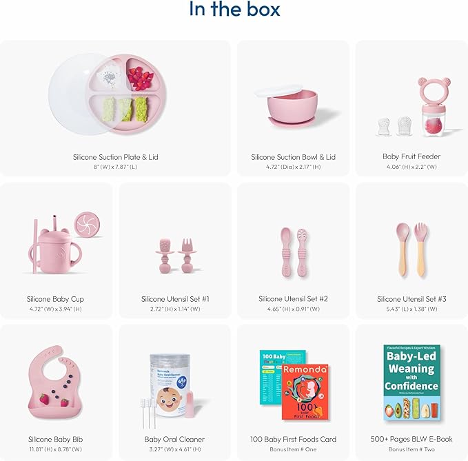 Remonda 23-Piece BPA-Free Silicone Baby Feeding Set | Extra Large Suction Plates, Toddler Bowls, Self Feeding Spoons, and More | Dishwasher Safe| Baby Led Weaning Supplies (Pink)