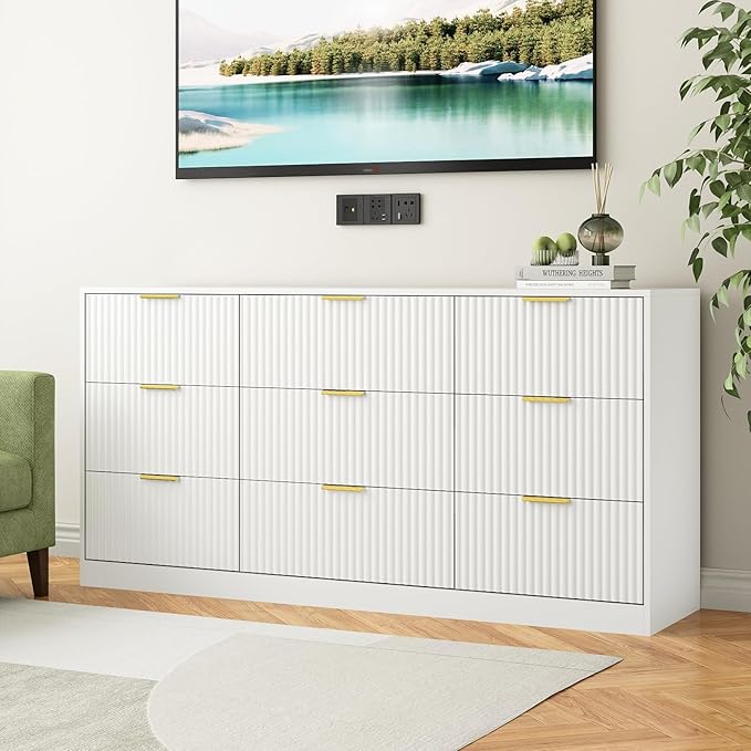 9 Drawer Dresser for Bedroom with Deep Drawers, 63" Wide Wood Dresser, Large Floor Chest of Drawers, Modern Long TV Stand, Storage Cabinet Side Table, White