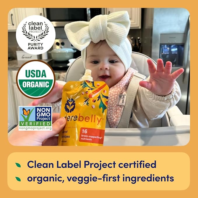 Cerebelly Organic Baby Food Pouches, Carrot Chickpea Purees, 16 Nutrients, No Added Sugar, Fiber & Non-GMO, 4oz, 6 Pack